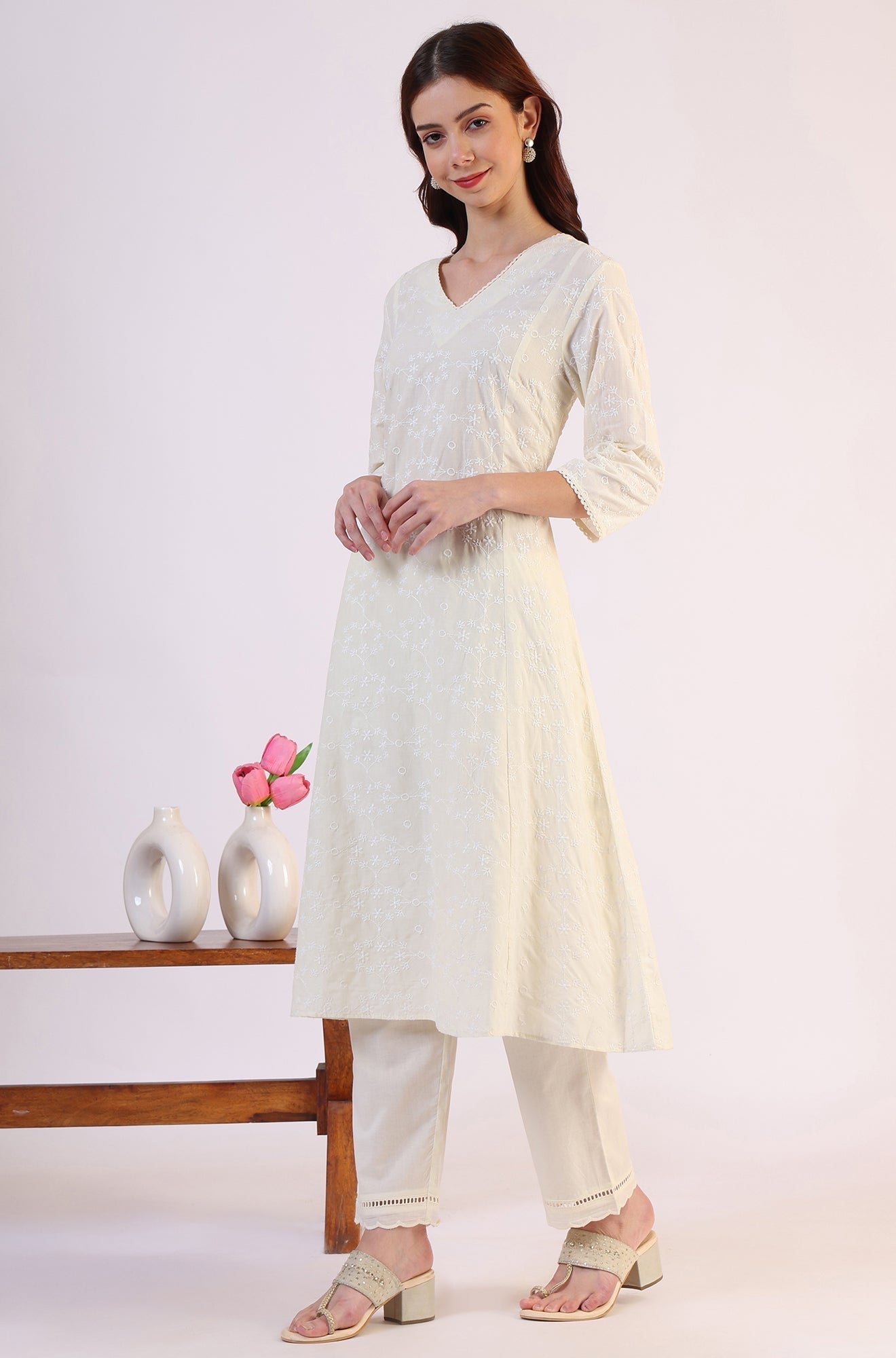 W for Woman White Embroidered Lace Straight Pure Cotton Kurta & Straight Pant With Dupatta Set