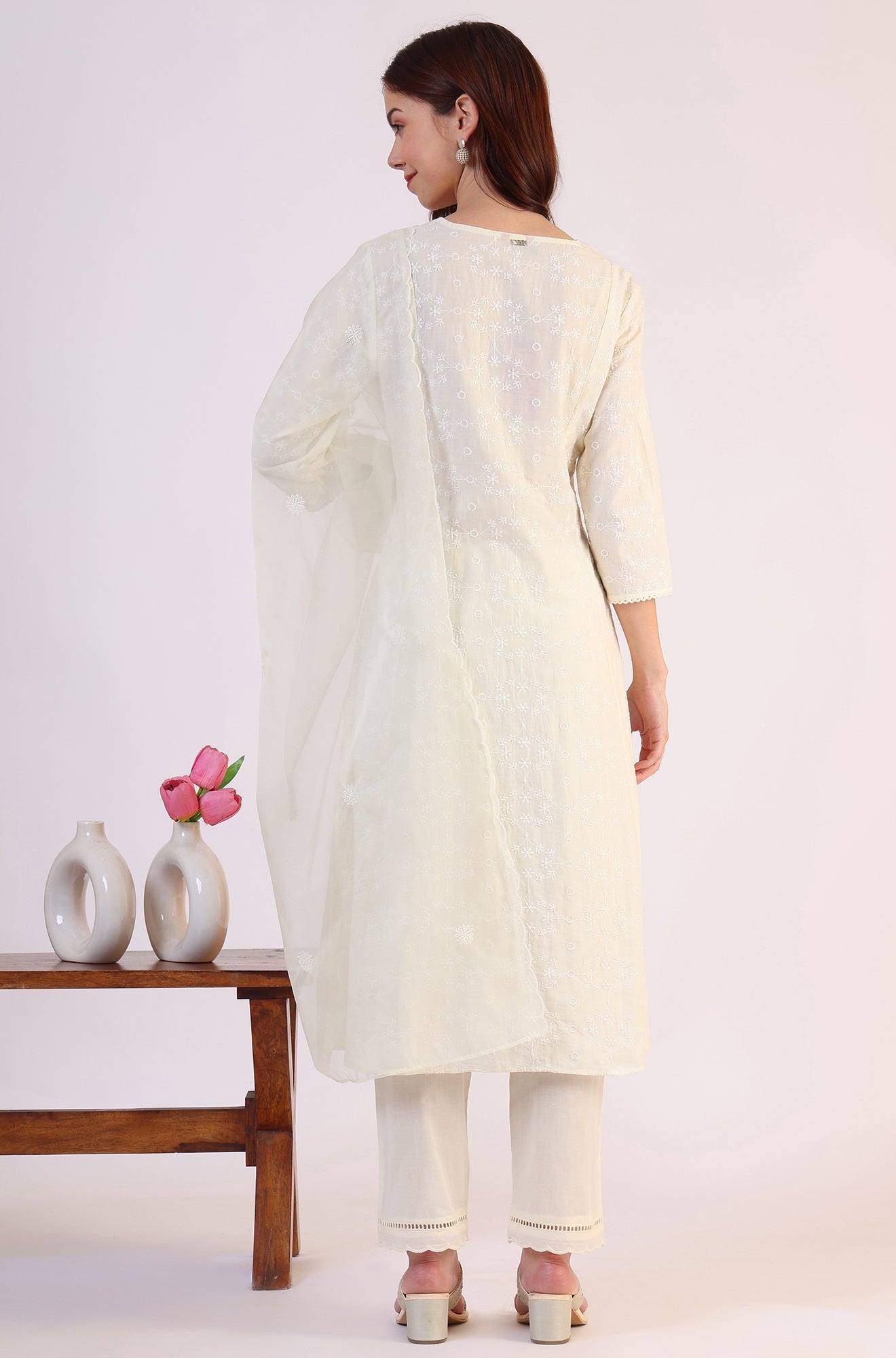 W for Woman White Embroidered Lace Straight Pure Cotton Kurta & Straight Pant With Dupatta Set