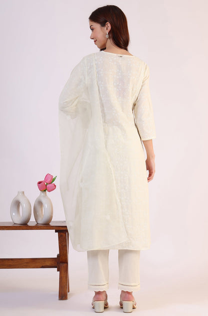 W for Woman White Embroidered Lace Straight Pure Cotton Kurta & Straight Pant With Dupatta Set