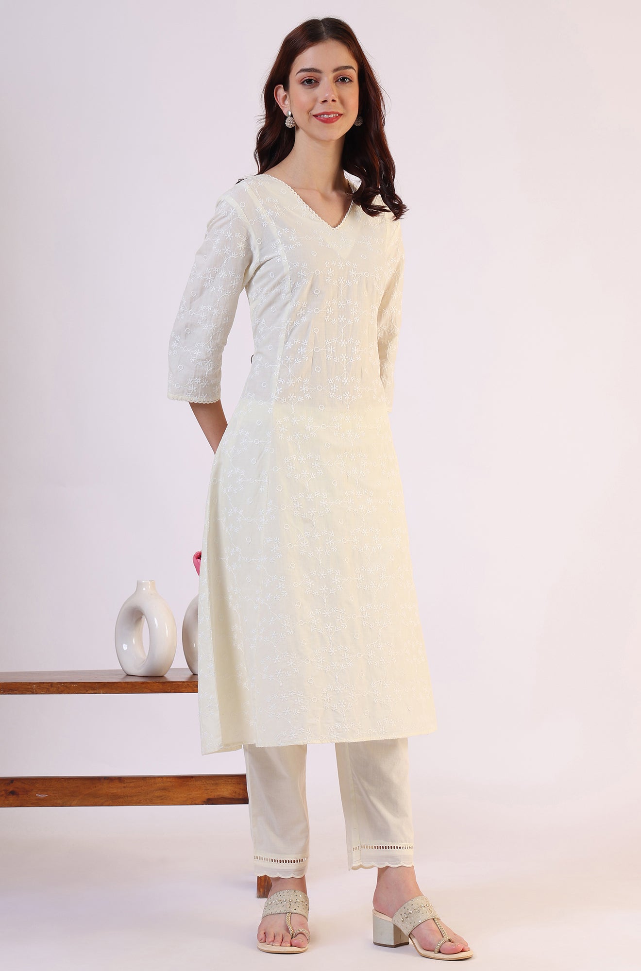 W for Woman White Embroidered Lace Straight Pure Cotton Kurta & Straight Pant With Dupatta Set