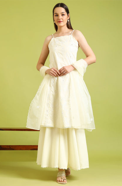 W for Woman White Embroidered Pure Cotton Straight Spaghetti Kurta and Sharara Set with Dupatta
