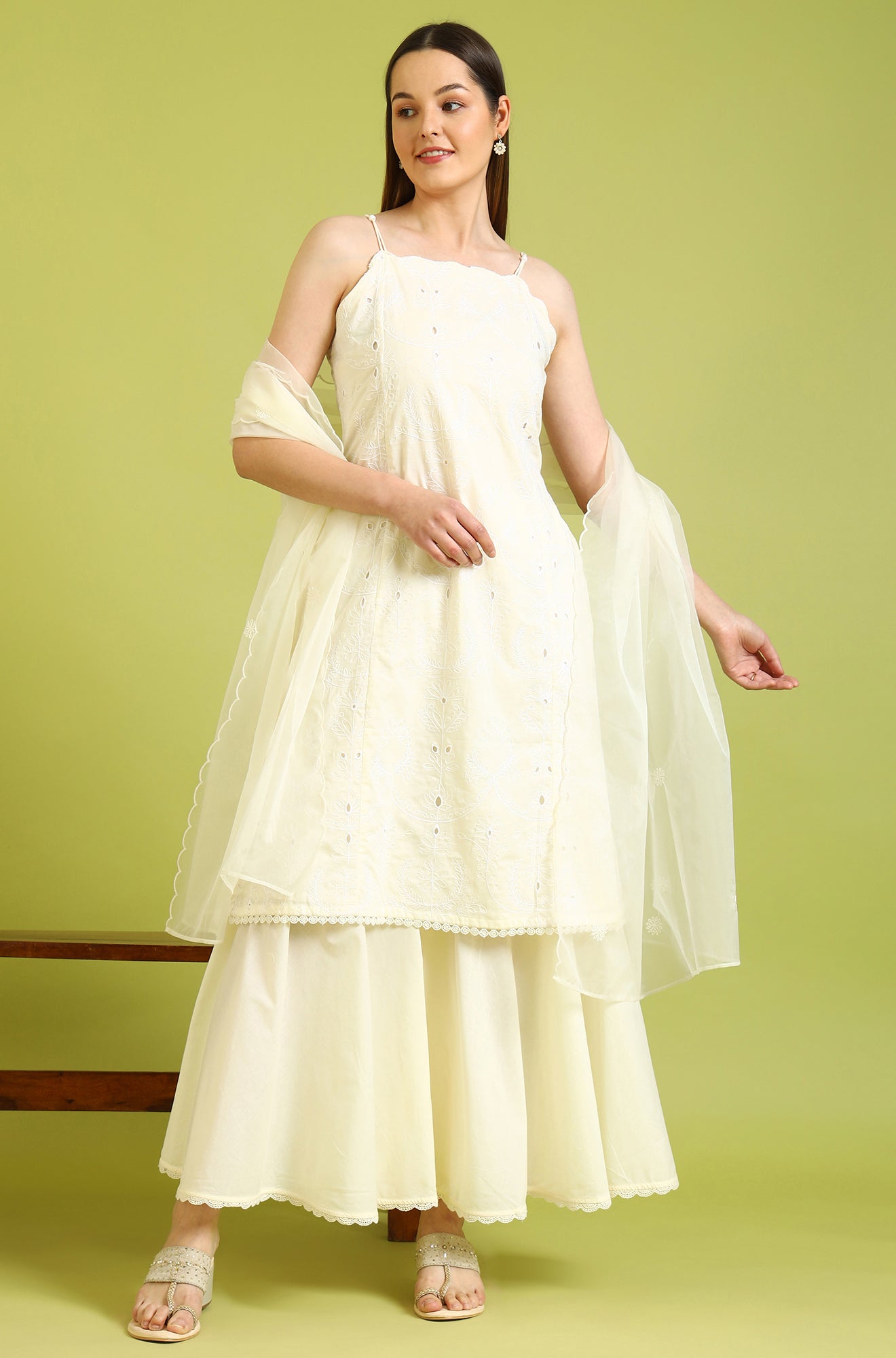 W for Woman White Embroidered Pure Cotton Straight Spaghetti Kurta and Sharara Set with Dupatta