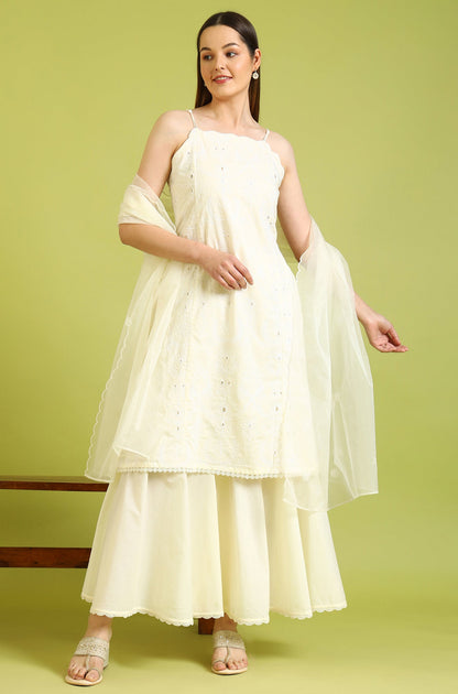 W for Woman White Embroidered Pure Cotton Straight Spaghetti Kurta and Sharara Set with Dupatta