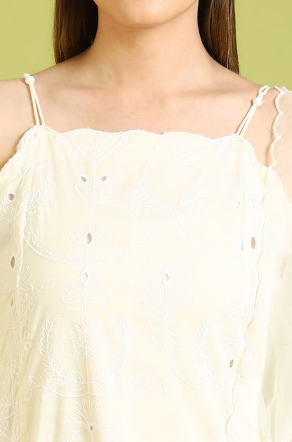 W for Woman White Embroidered Pure Cotton Straight Spaghetti Kurta and Sharara Set with Dupatta