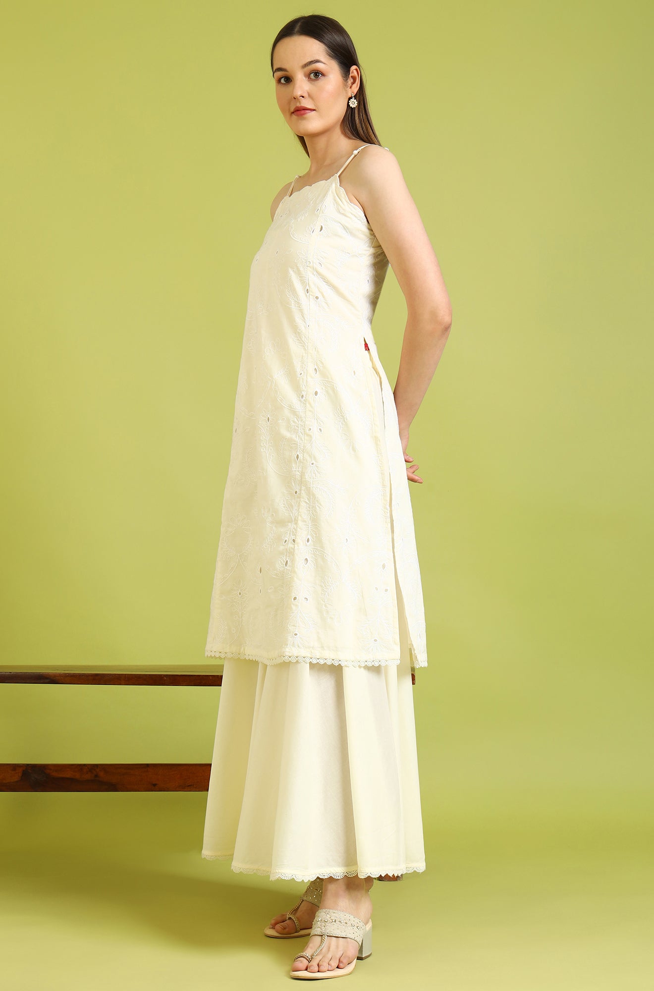 W for Woman White Embroidered Pure Cotton Straight Spaghetti Kurta and Sharara Set with Dupatta
