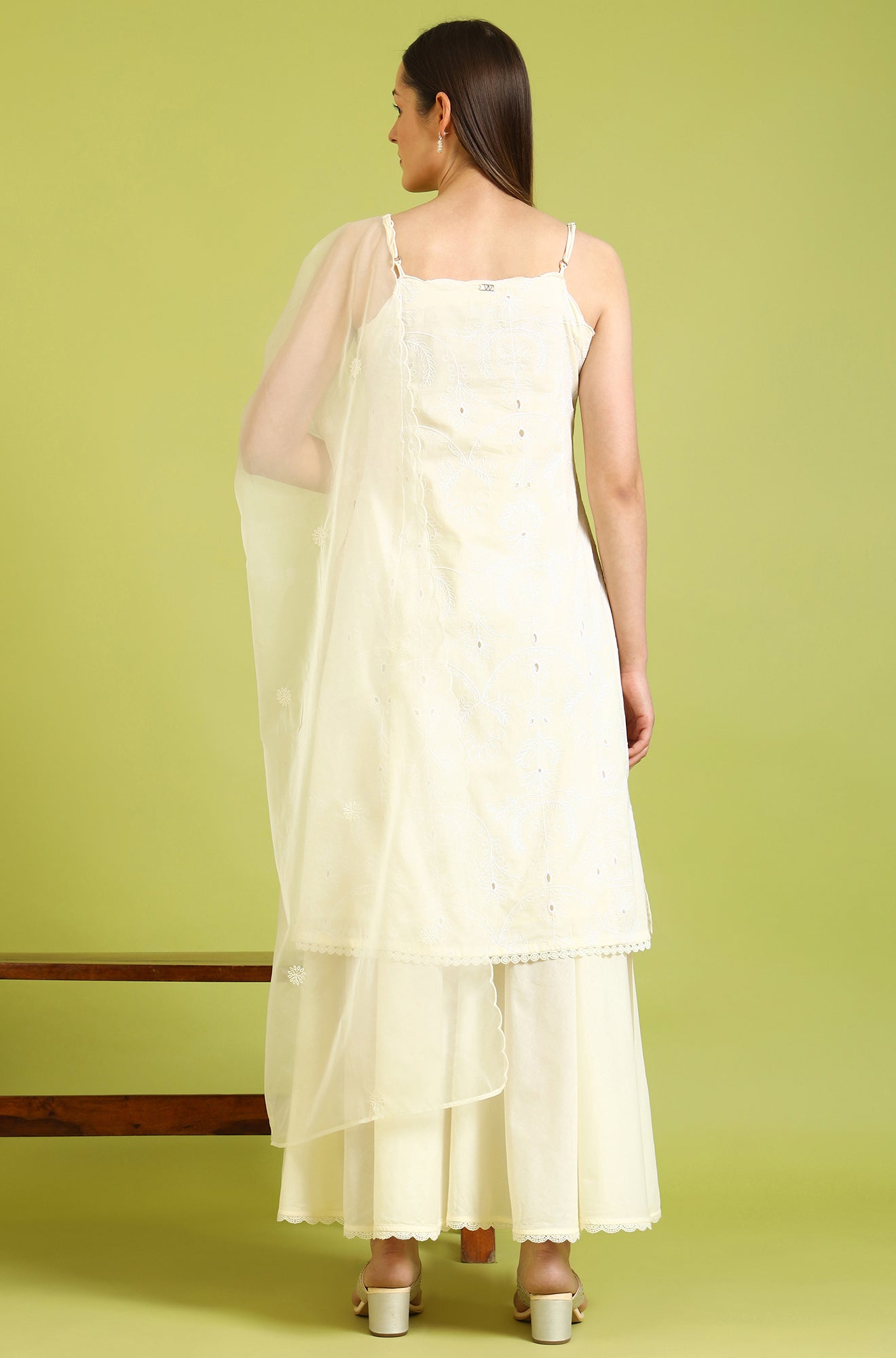 W for Woman White Embroidered Pure Cotton Straight Spaghetti Kurta and Sharara Set with Dupatta