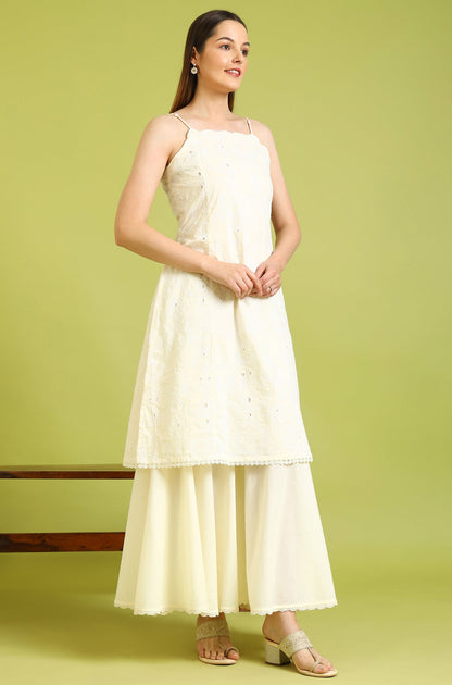 W for Woman White Embroidered Pure Cotton Straight Spaghetti Kurta and Sharara Set with Dupatta