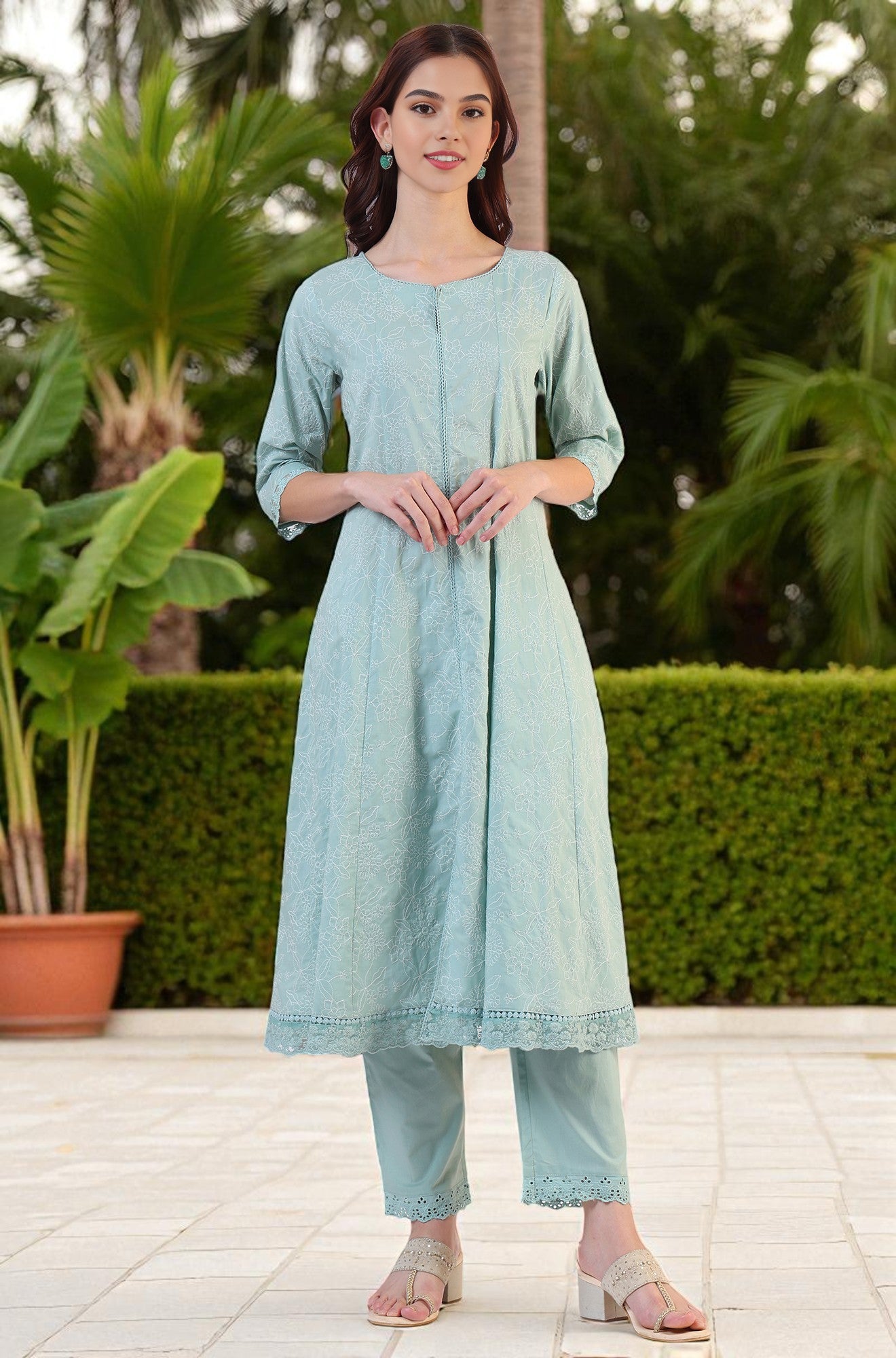 W for Woman Sea Green Schiffili Embroidered Pure Cotton Flared Kurta and Straight Pants Set