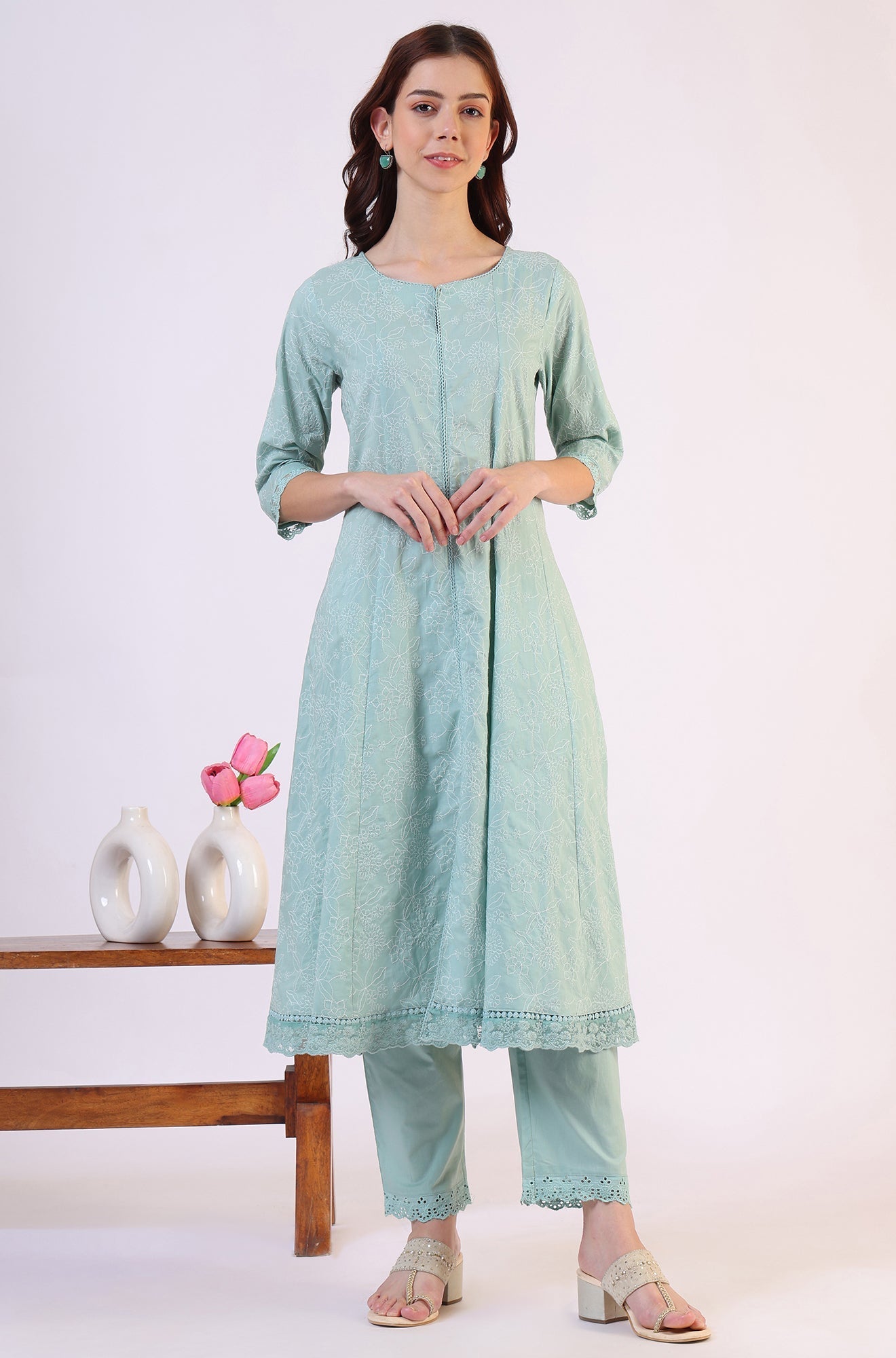 W for Woman Sea Green Schiffili Embroidered Pure Cotton Flared Kurta and Straight Pants Set