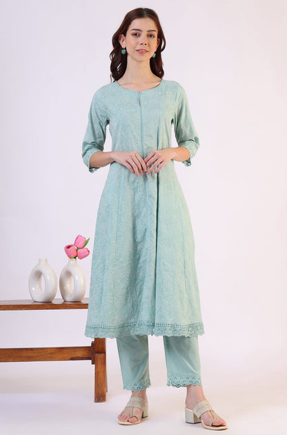 W for Woman Sea Green Schiffili Embroidered Pure Cotton Flared Kurta and Straight Pants Set