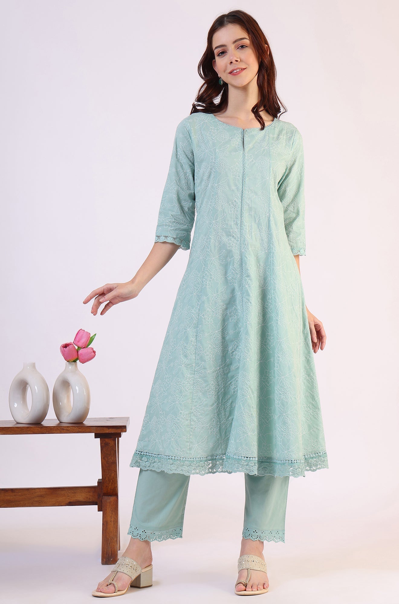 W for Woman Sea Green Schiffili Embroidered Pure Cotton Flared Kurta and Straight Pants Set