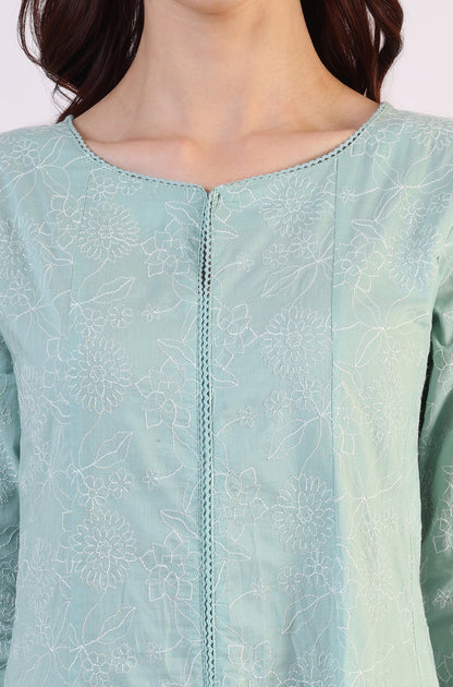 W for Woman Sea Green Schiffili Embroidered Pure Cotton Flared Kurta and Straight Pants Set