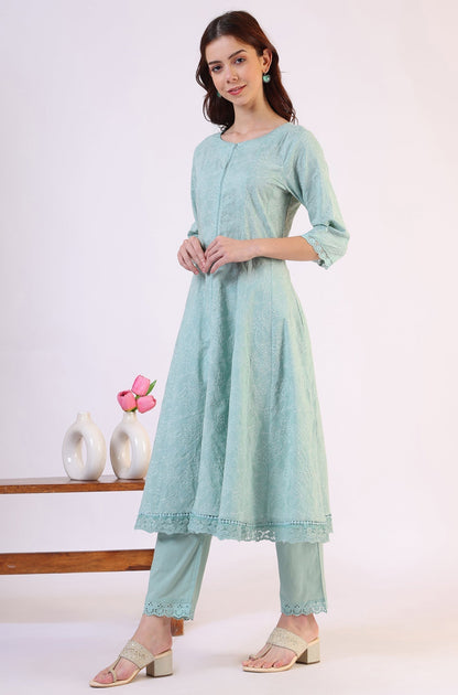 W for Woman Sea Green Schiffili Embroidered Pure Cotton Flared Kurta and Straight Pants Set