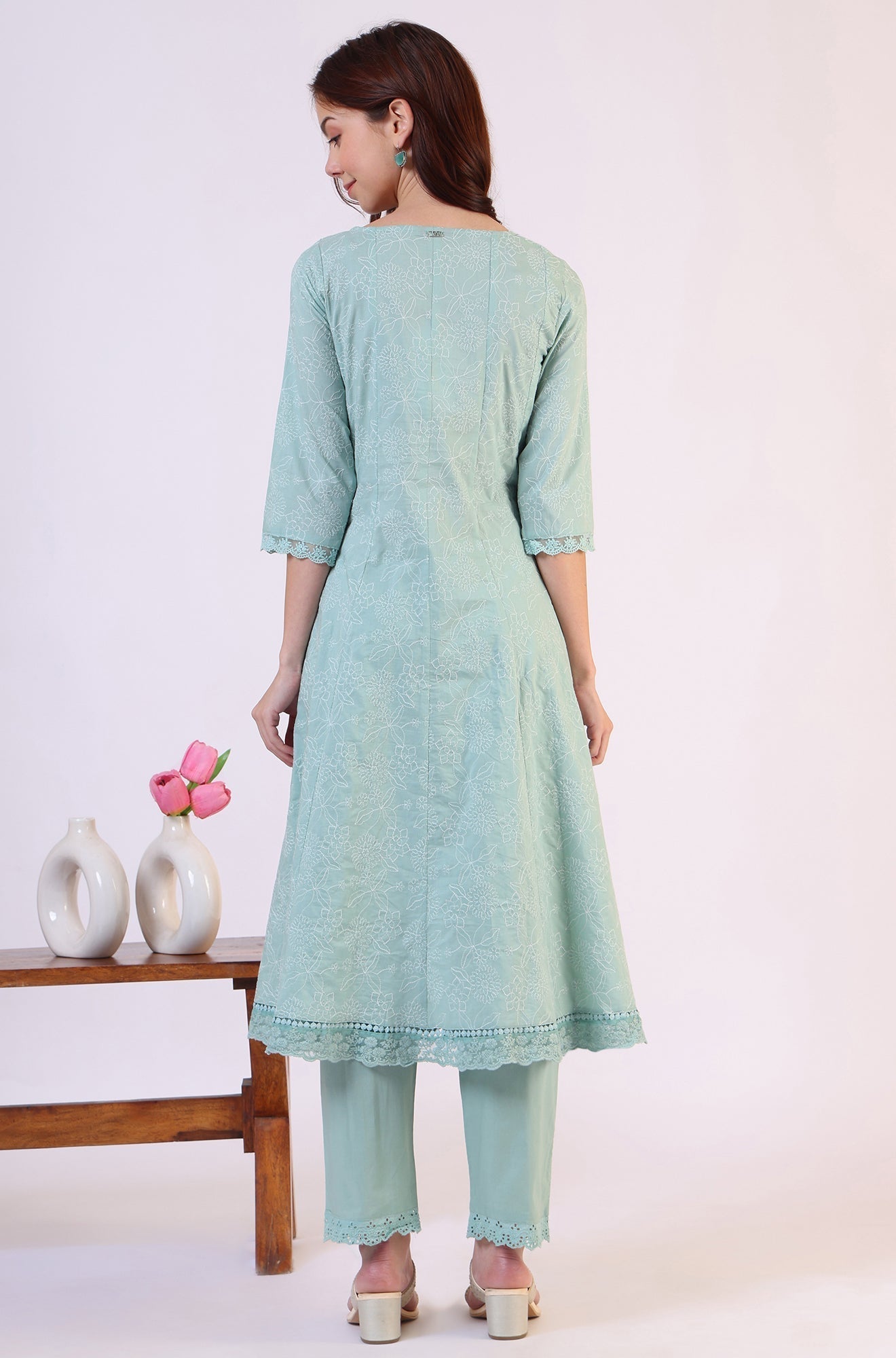 W for Woman Sea Green Schiffili Embroidered Pure Cotton Flared Kurta and Straight Pants Set