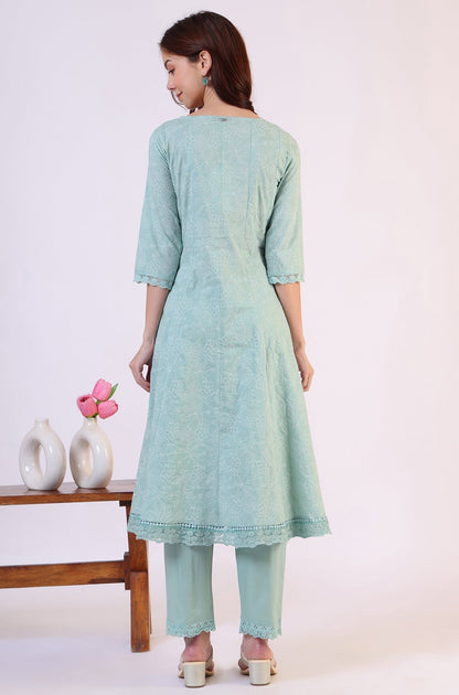 W for Woman Sea Green Schiffili Embroidered Pure Cotton Flared Kurta and Straight Pants Set