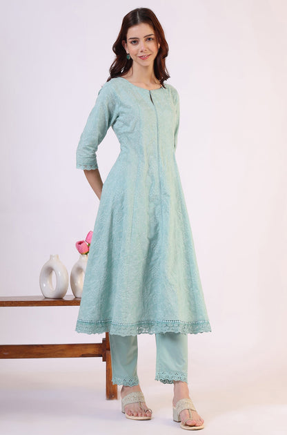 W for Woman Sea Green Schiffili Embroidered Pure Cotton Flared Kurta and Straight Pants Set