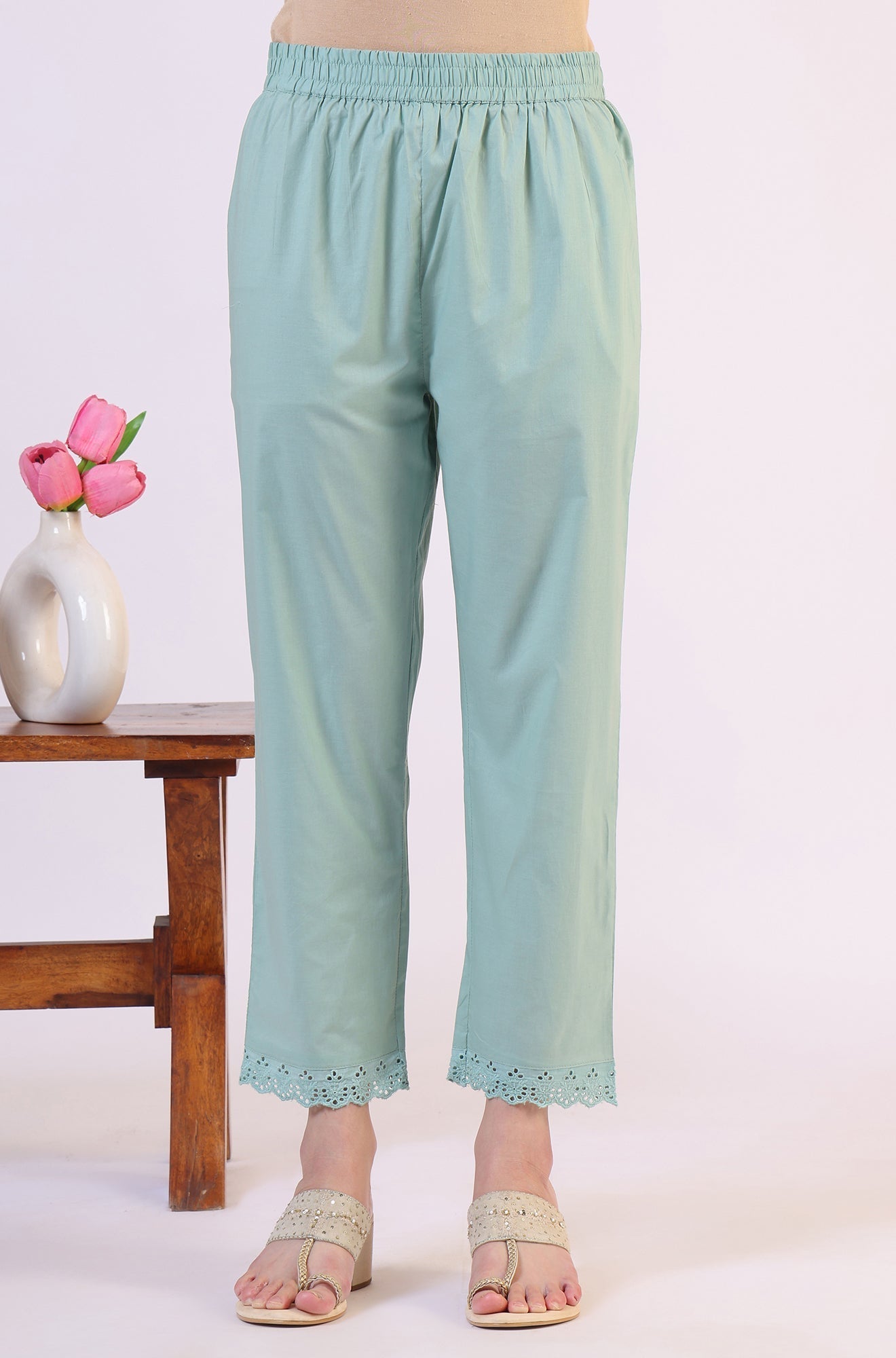W for Woman Sea Green Schiffili Embroidered Pure Cotton Flared Kurta and Straight Pants Set