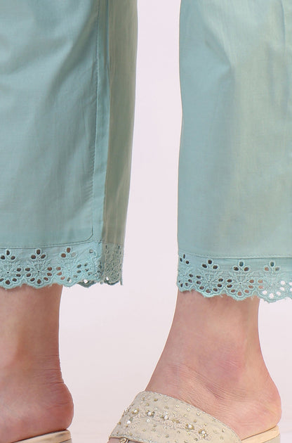 W for Woman Sea Green Schiffili Embroidered Pure Cotton Flared Kurta and Straight Pants Set