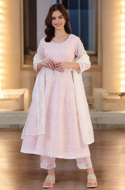 W for Woman Pink Geometric Printed Anarkali Kota Kurta & Straight Pant With Dupatta Set