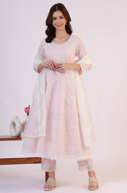 W for Woman Pink Geometric Printed Anarkali Kota Kurta & Straight Pant With Dupatta Set