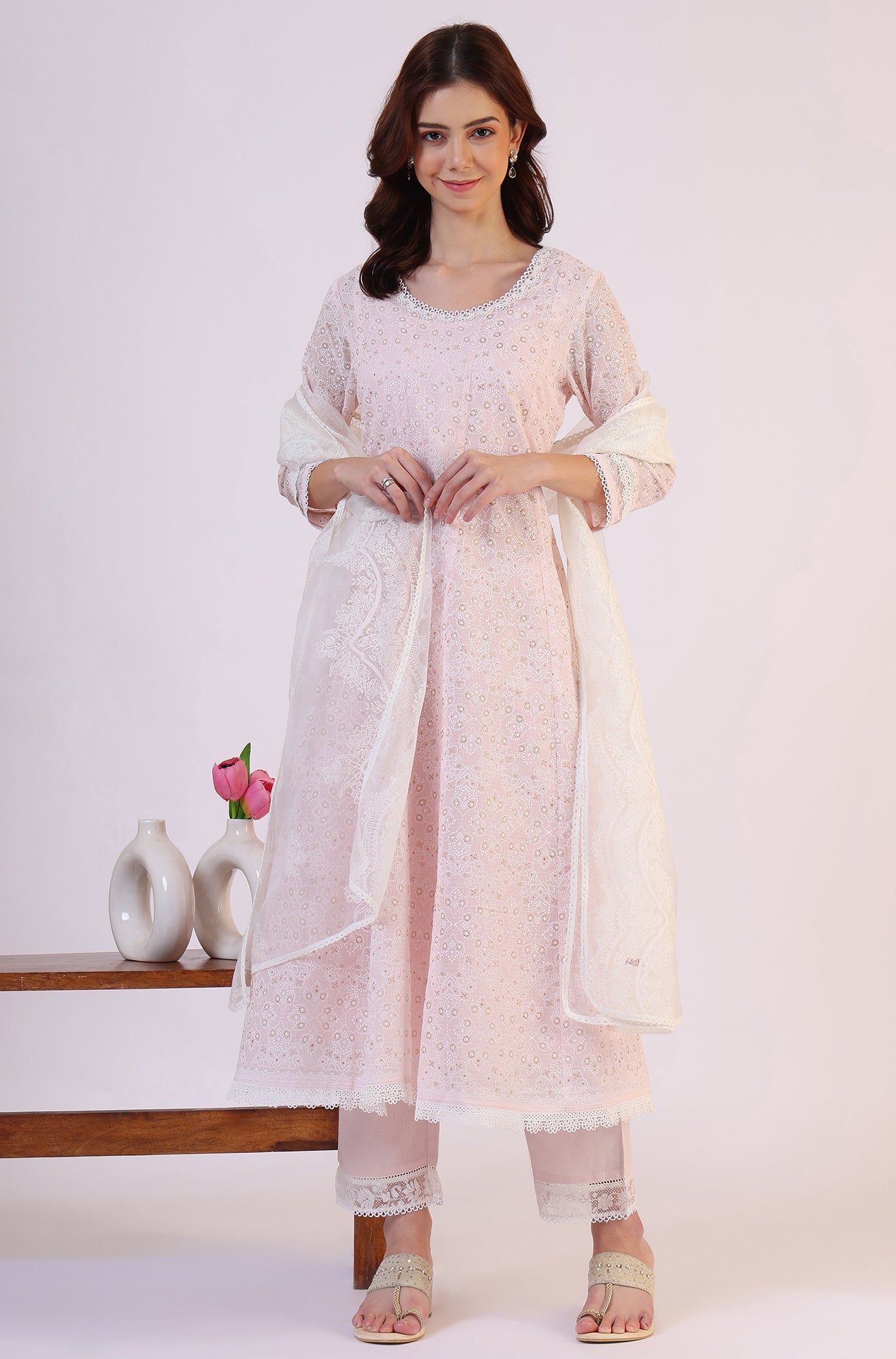 W for Woman Pink Geometric Printed Anarkali Kota Kurta & Straight Pant With Dupatta Set