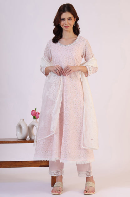 W for Woman Pink Geometric Printed Anarkali Kota Kurta & Straight Pant With Dupatta Set