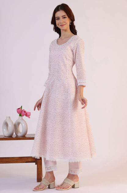 W for Woman Pink Geometric Printed Anarkali Kota Kurta & Straight Pant With Dupatta Set