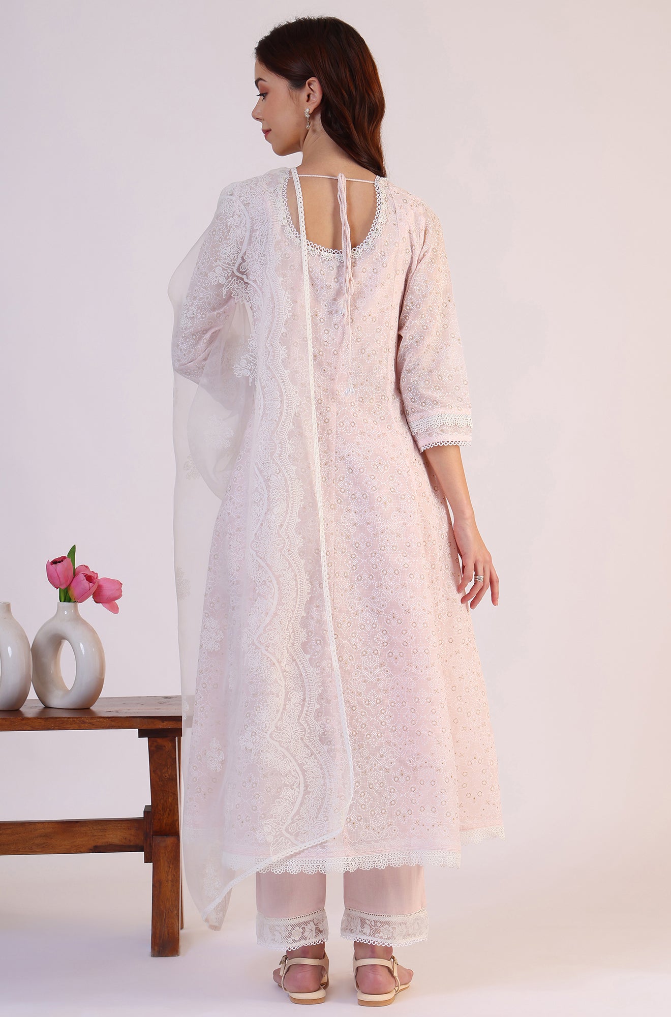 W for Woman Pink Geometric Printed Anarkali Kota Kurta & Straight Pant With Dupatta Set