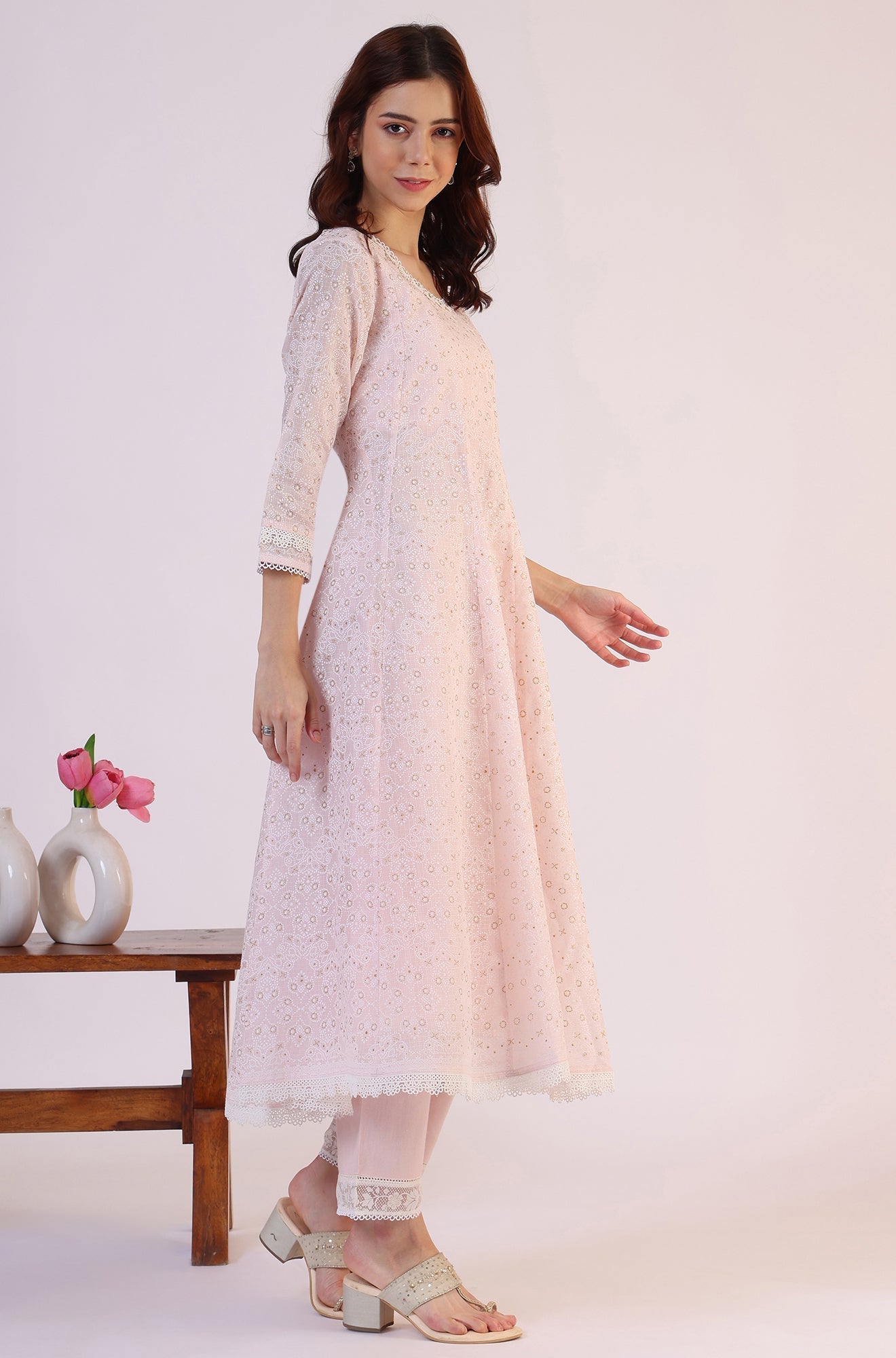 W for Woman Pink Geometric Printed Anarkali Kota Kurta & Straight Pant With Dupatta Set