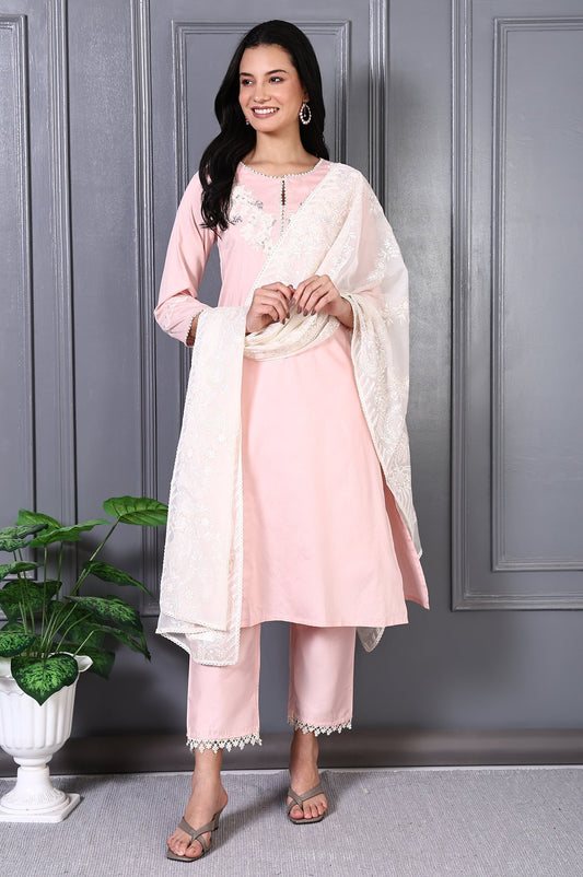 W for Woman Peach Printed Thread Embroidered A-line Kurta Set