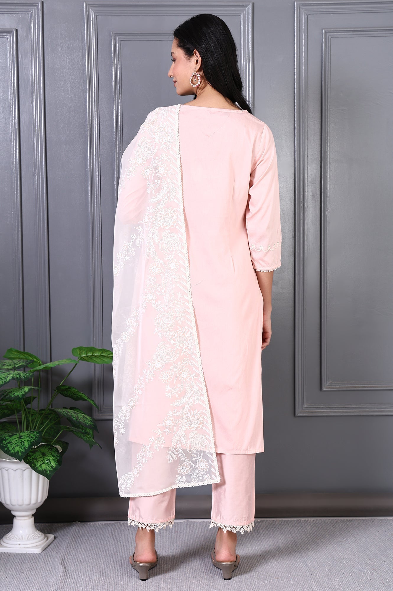 W for Woman Peach Printed Thread Embroidered A-line Kurta Set