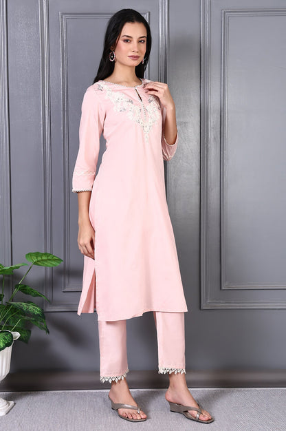 W for Woman Peach Printed Thread Embroidered A-line Kurta Set