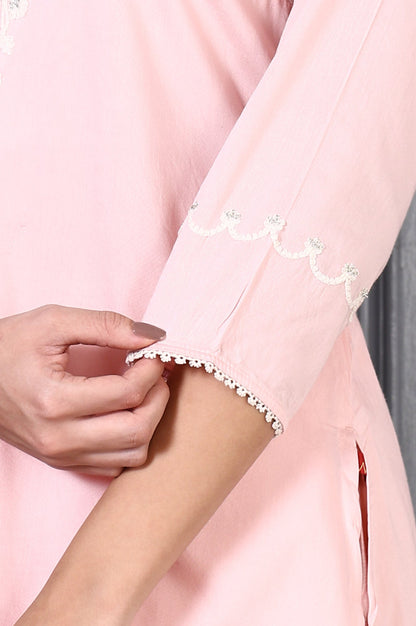 W for Woman Peach Printed Thread Embroidered A-line Kurta Set