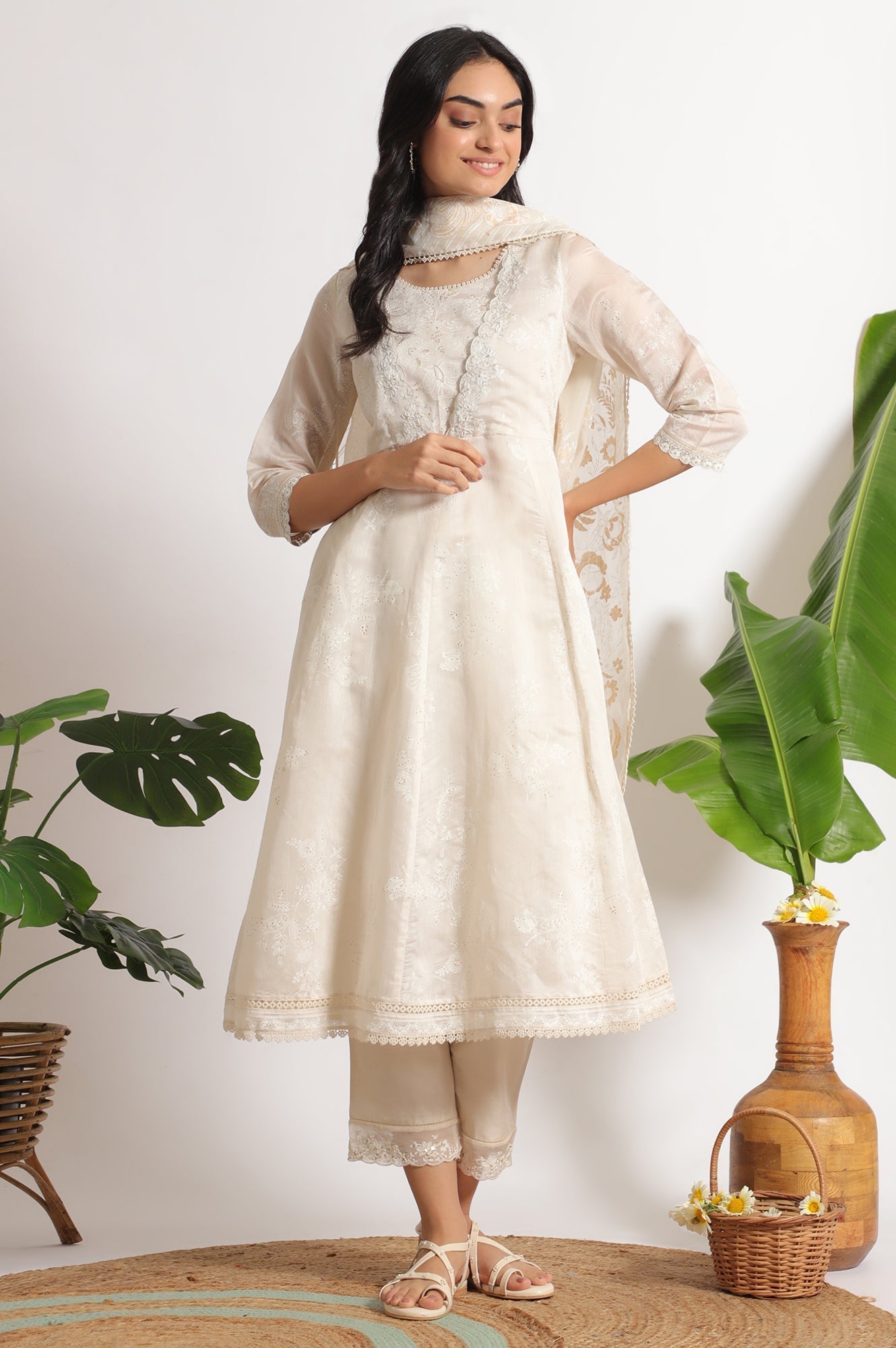 W for Woman White Printed Mock Layered Flared Chanderi Kurta, Pants and Dupatta Set