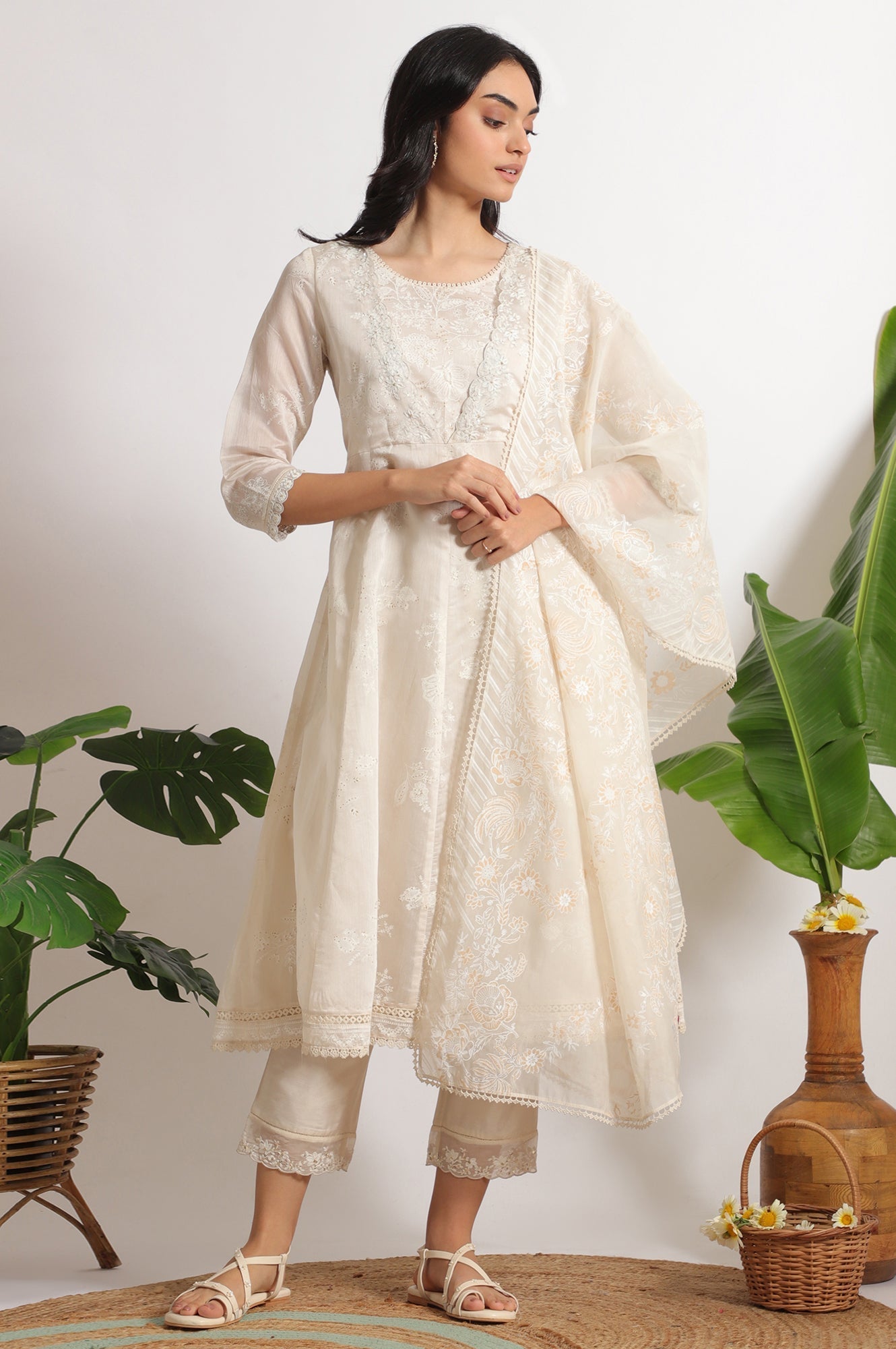 W for Woman White Printed Mock Layered Flared Chanderi Kurta, Pants and Dupatta Set