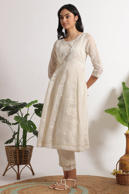 W for Woman White Printed Mock Layered Flared Chanderi Kurta, Pants and Dupatta Set