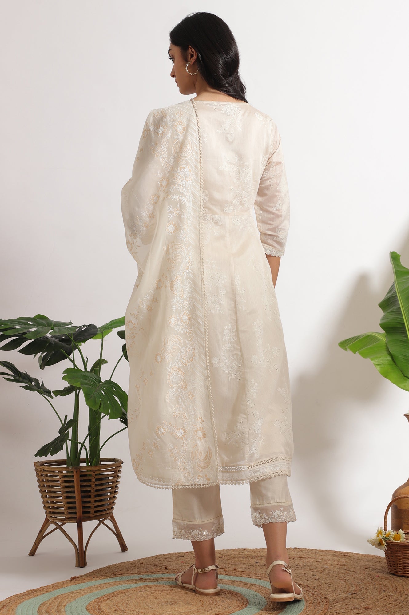 W for Woman White Printed Mock Layered Flared Chanderi Kurta, Pants and Dupatta Set