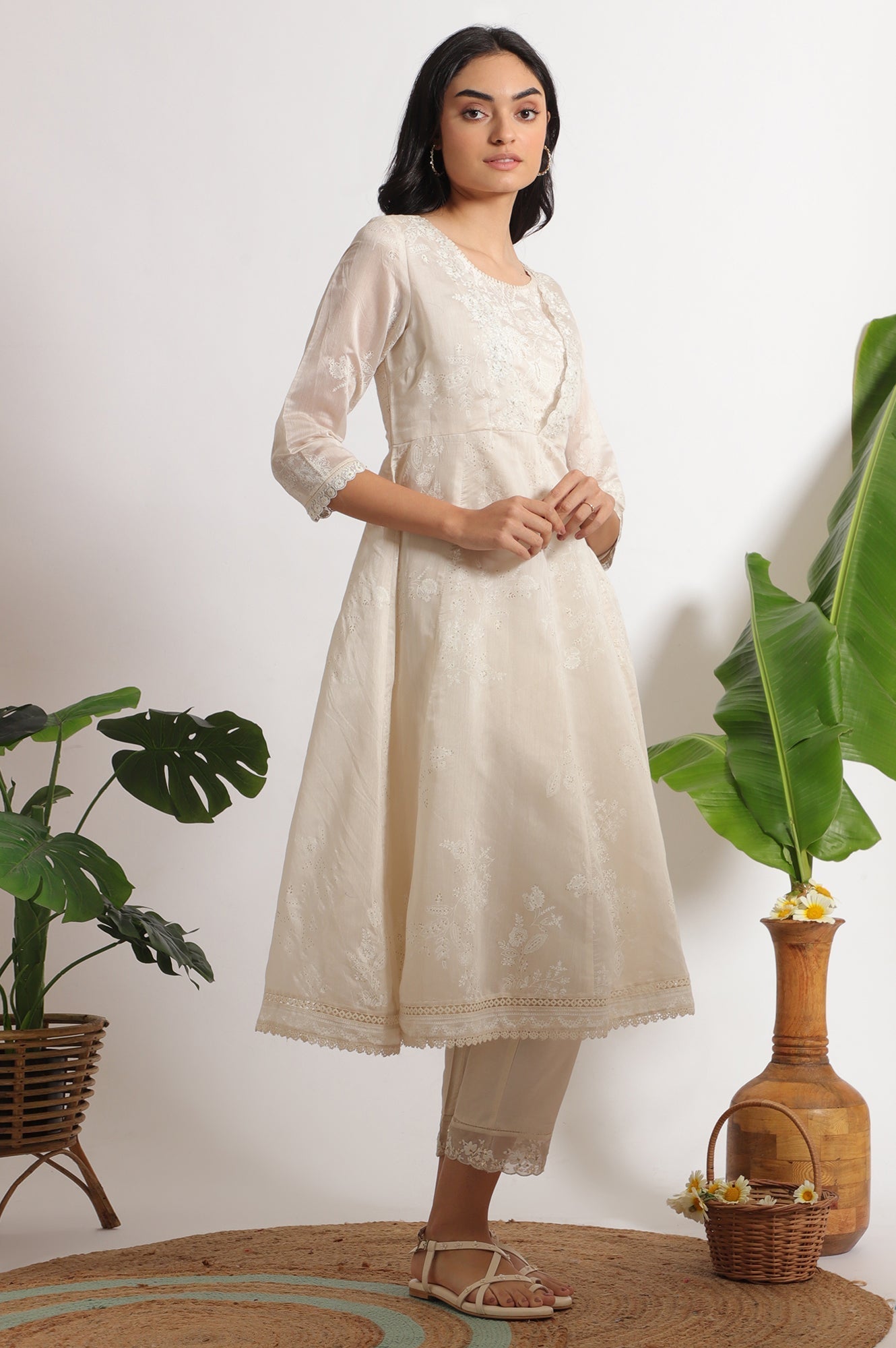 W for Woman White Printed Mock Layered Flared Chanderi Kurta, Pants and Dupatta Set