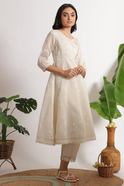 W for Woman White Printed Mock Layered Flared Chanderi Kurta, Pants and Dupatta Set