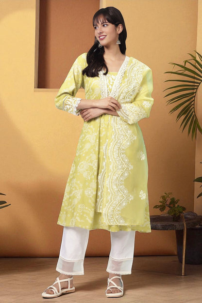 W for Woman Lime Green Floral Printed Shantung Flared Kurta, Straight Pants and Dupatta Set