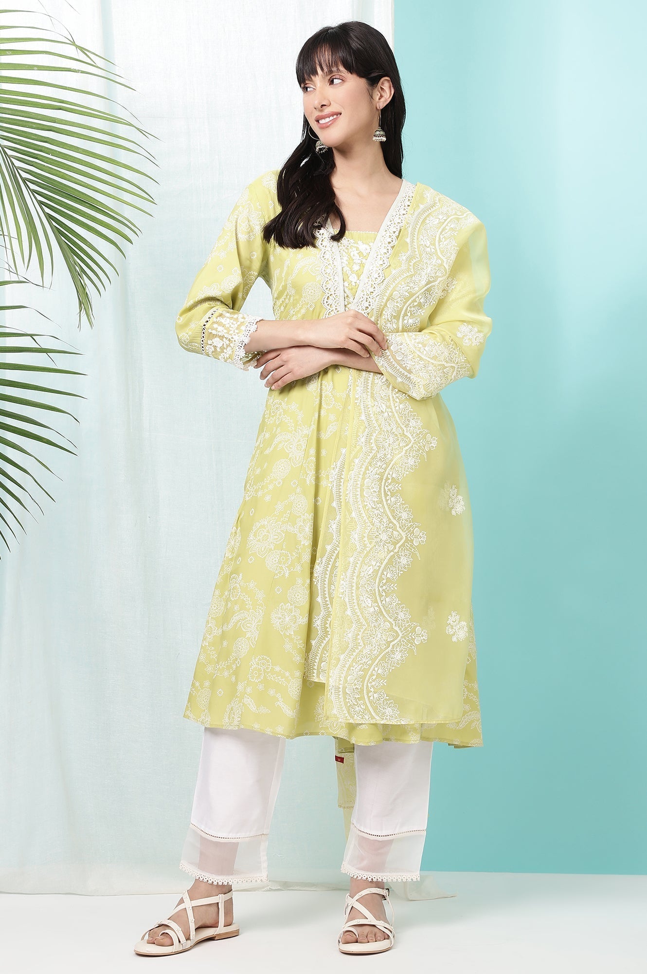W for Woman Lime Green Floral Printed Shantung Flared Kurta, Straight Pants and Dupatta Set