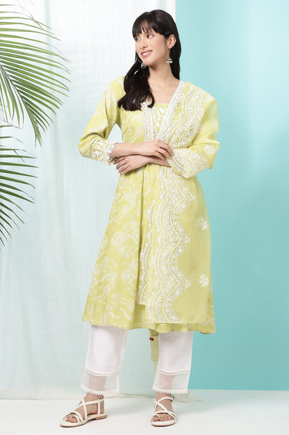 W for Woman Lime Green Floral Printed Shantung Flared Kurta, Straight Pants and Dupatta Set