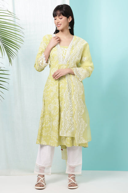 W for Woman Lime Green Floral Printed Shantung Flared Kurta, Straight Pants and Dupatta Set