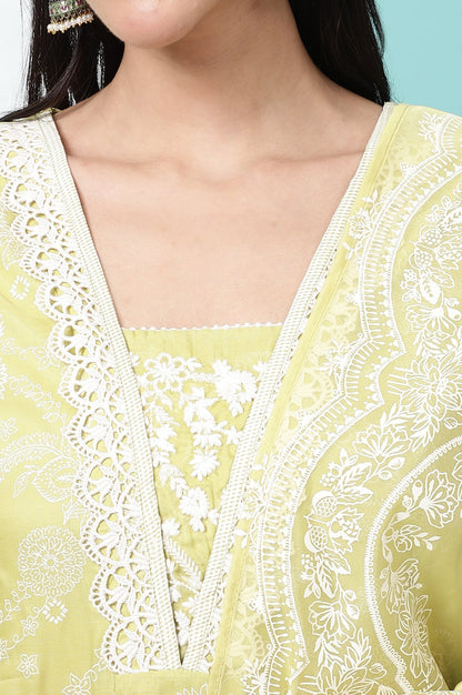 W for Woman Lime Green Floral Printed Shantung Flared Kurta, Straight Pants and Dupatta Set