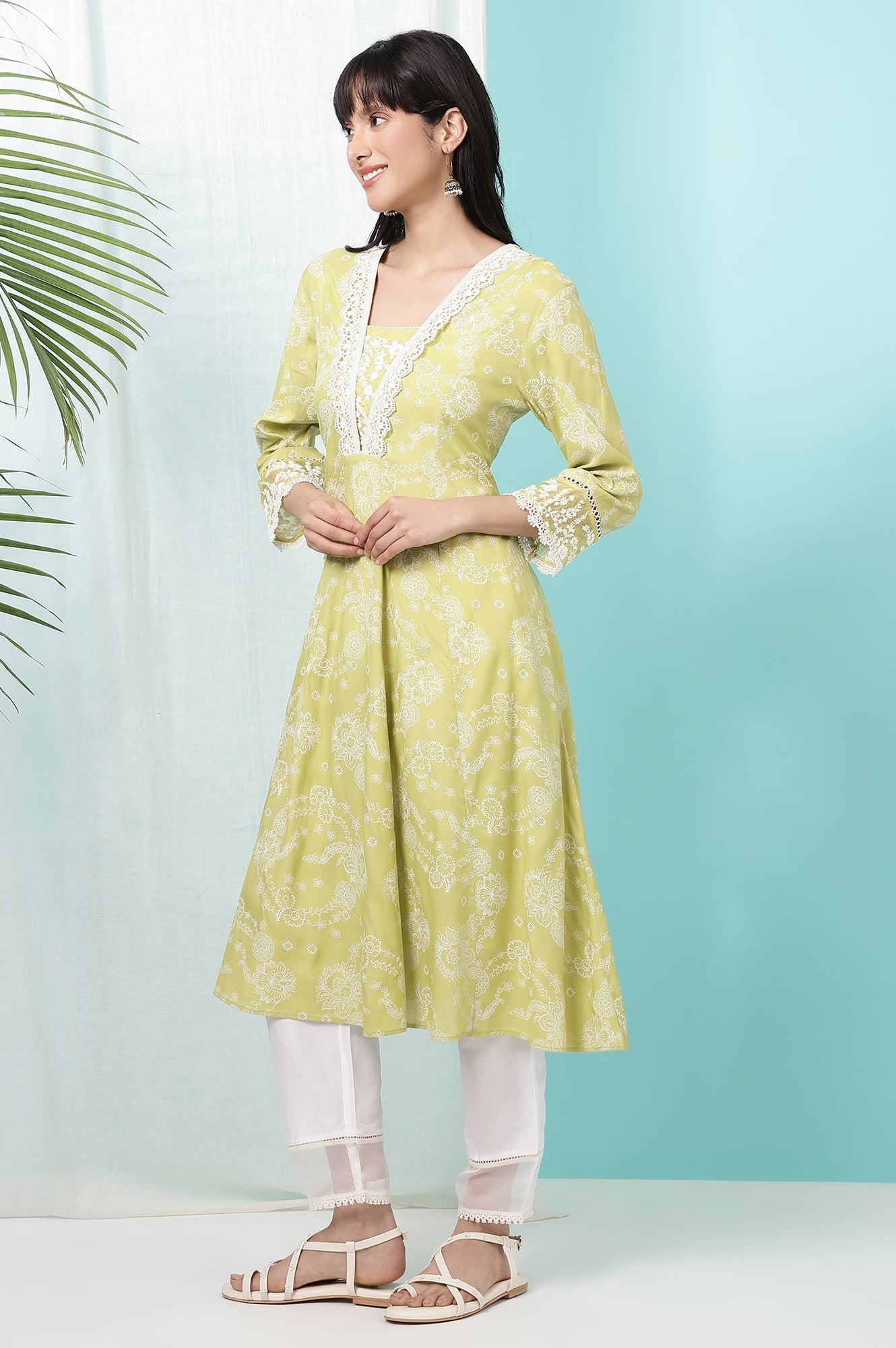 W for Woman Lime Green Floral Printed Shantung Flared Kurta, Straight Pants and Dupatta Set