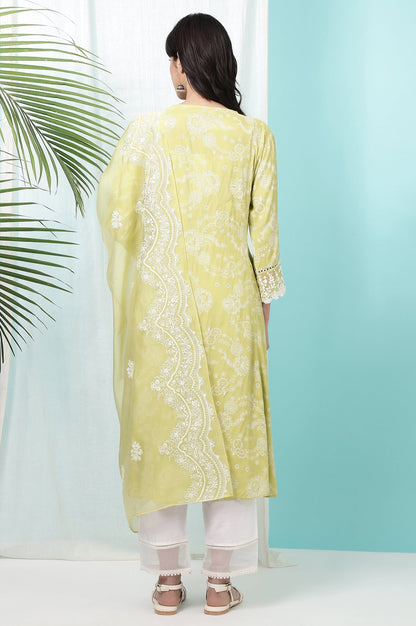 W for Woman Lime Green Floral Printed Shantung Flared Kurta, Straight Pants and Dupatta Set