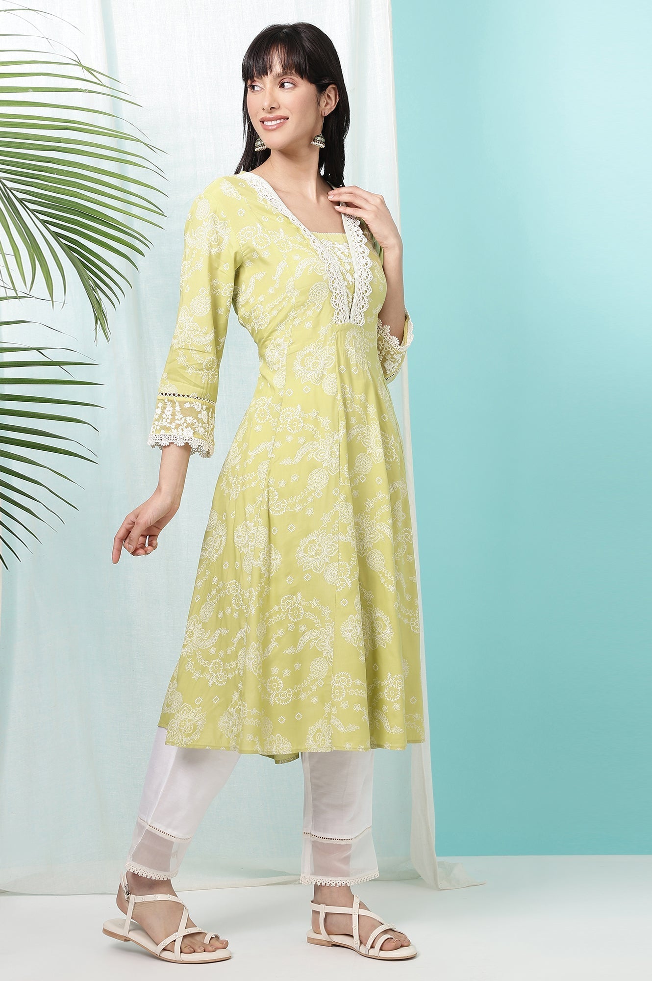 W for Woman Lime Green Floral Printed Shantung Flared Kurta, Straight Pants and Dupatta Set