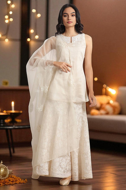 W for Woman White Printed Chanderi Short Kurta, Sharara and Dupatta Set