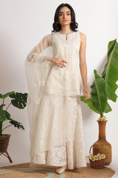W for Woman White Printed Chanderi Short Kurta, Sharara and Dupatta Set