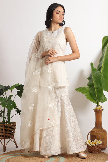 W for Woman White Printed Chanderi Short Kurta, Sharara and Dupatta Set